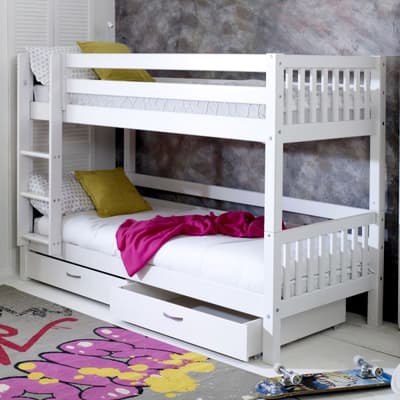 Nordic Slatted White Wooden Bunk Bed with Storage Drawers
