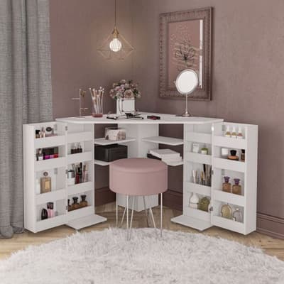 Olivia White Corner Dressing Table With Storage