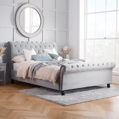 Opulence Grey Velvet Fabric Scroll Sleigh Bed