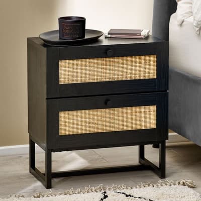 Padstow Black Rattan 2 Drawer Wooden Bedside Table
