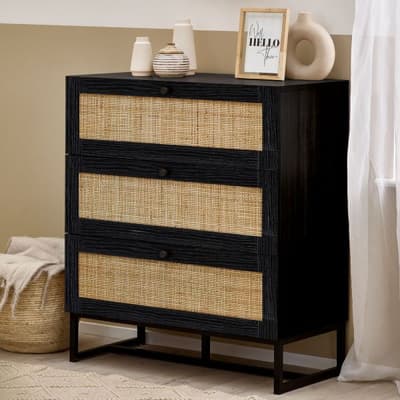 Padstow Black Rattan 3 Drawer Wooden Chest