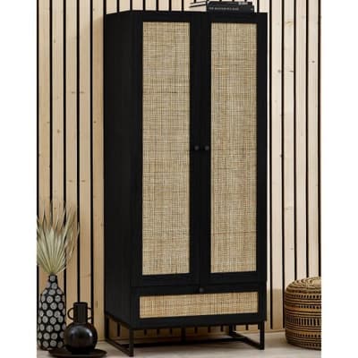 Padstow Black Rattan Wooden Wardrobe