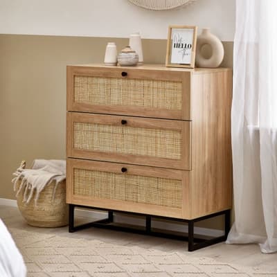 Padstow Oak Rattan 3 Drawer Wooden Chest