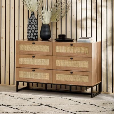 Padstow Oak Rattan 6 Drawer Wooden Chest