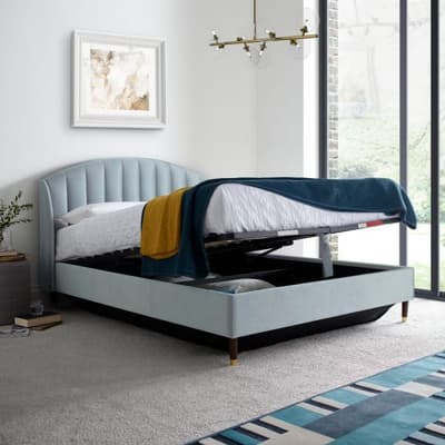 Sandy Blue Velvet Ottoman Storage Bed