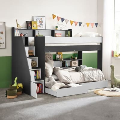 Tuscan Grey and White Wooden Staircase Bunk Bed