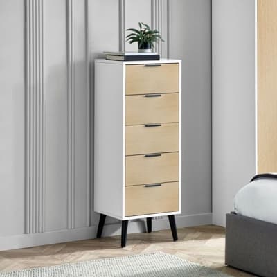 Alba White and Oak 5 Drawer Narrow Chest