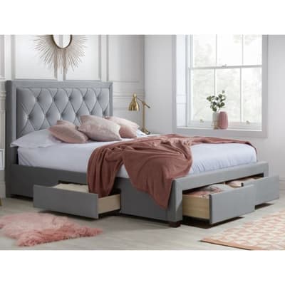 Woodbury Grey Velvet Fabric 4 Drawer Storage Bed