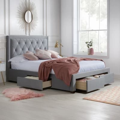 Woodbury Grey Velvet Fabric 4 Drawer Storage Bed