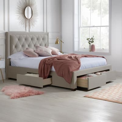Woodbury Warm Stone Velvet Fabric 4 Drawer Storage Bed