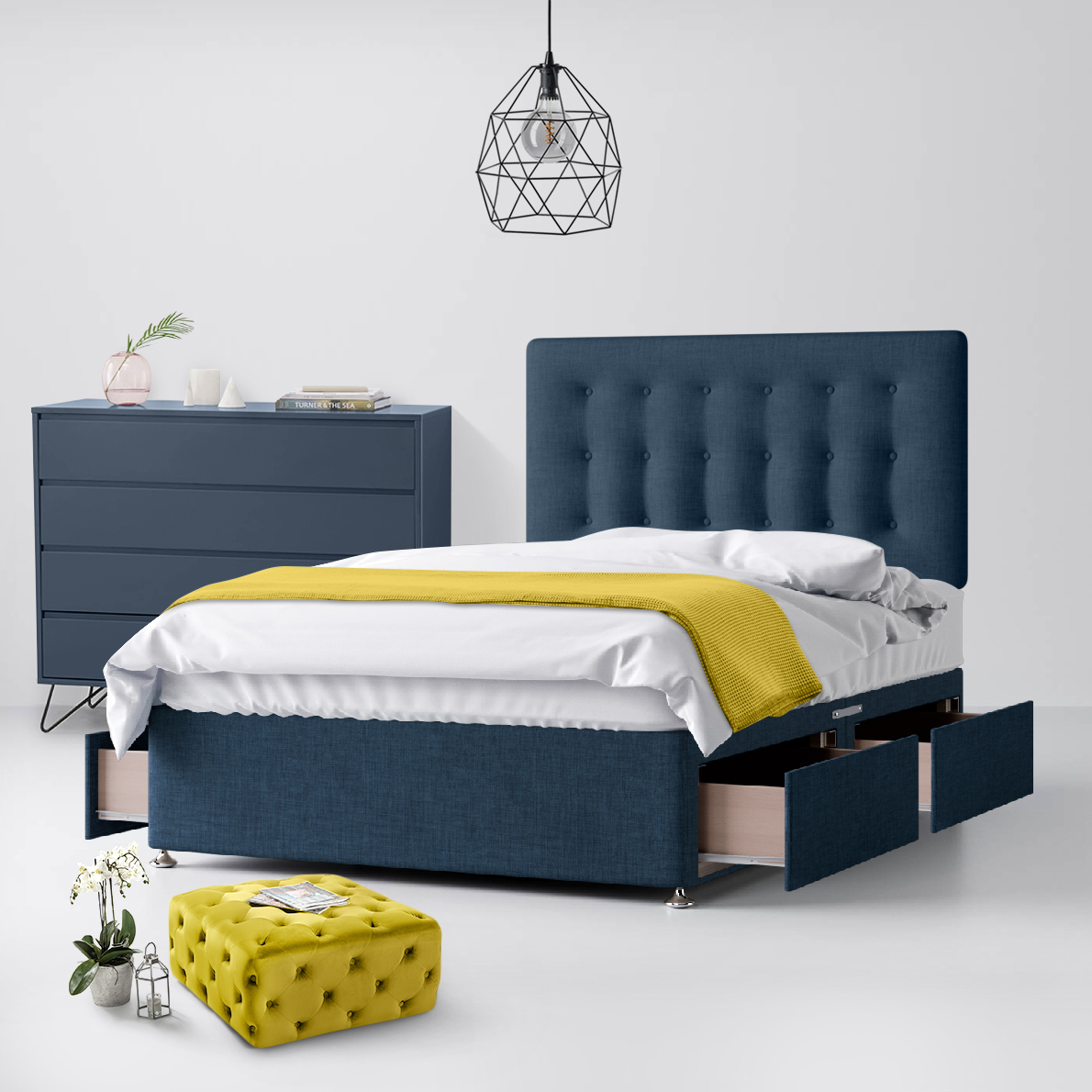 Cornell Buttoned Midnight Blue Fabric Divan Bed 4 Drawer Image