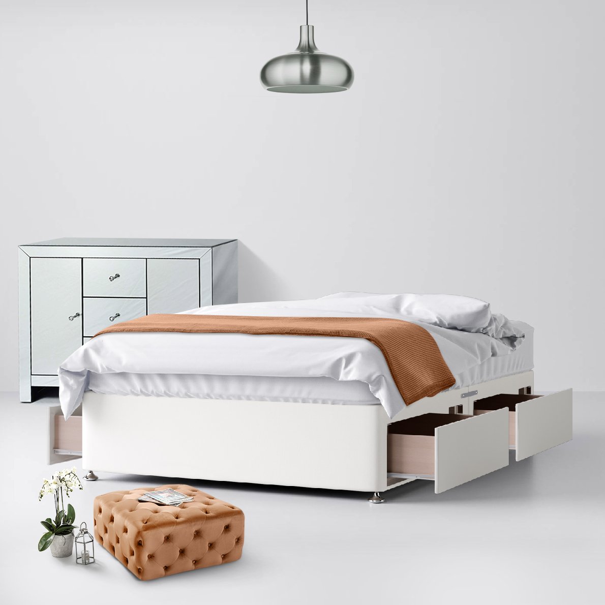 WHITE, 2FT6-0 DRAWS WHITE FABRIC DIVAN BED WITH MEMORY FOAM MATTRESS FREE HEADBOARD STORAGE DRAWERS by Luxurious Nights. 