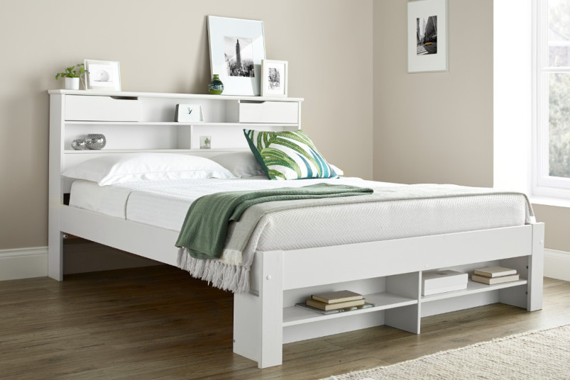 Fabio White Wooden Bookcase Storage Bed, White Bookcase Bed Full Length