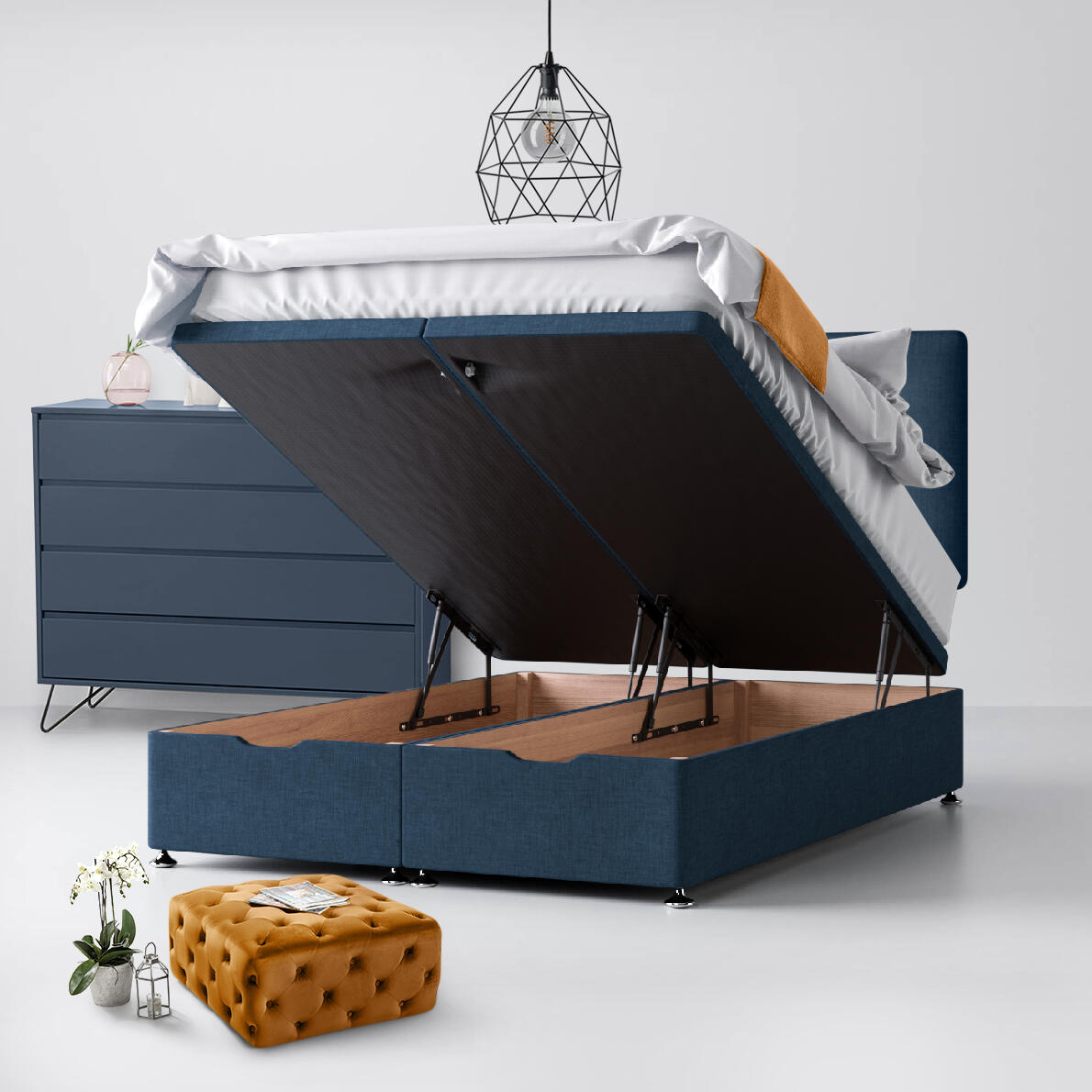 Cornell Buttoned Midnight Blue Fabric Divan Bed Ottoman Image
