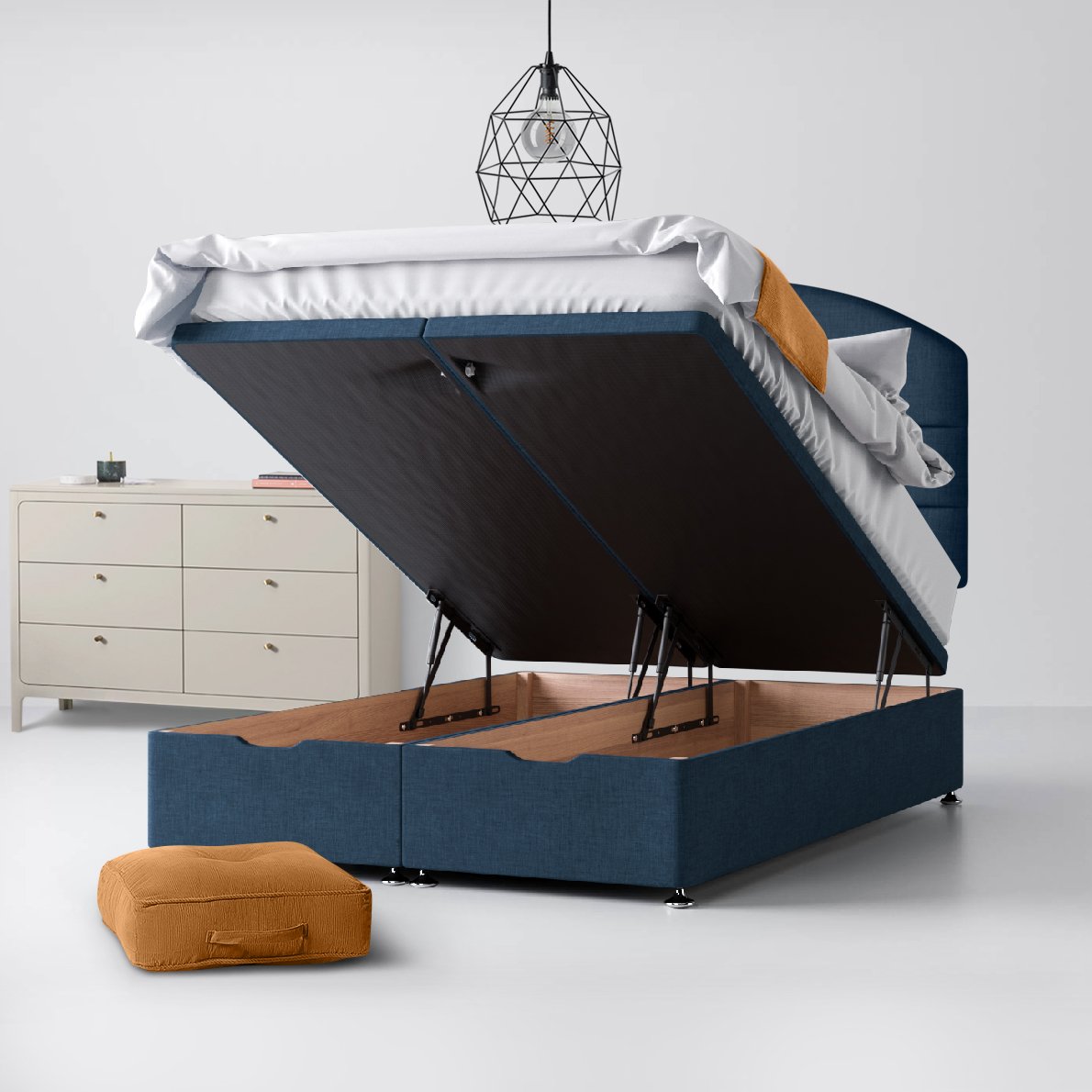 Dudley Lined Midnight Blue Fabric Divan Bed Ottoman Storage