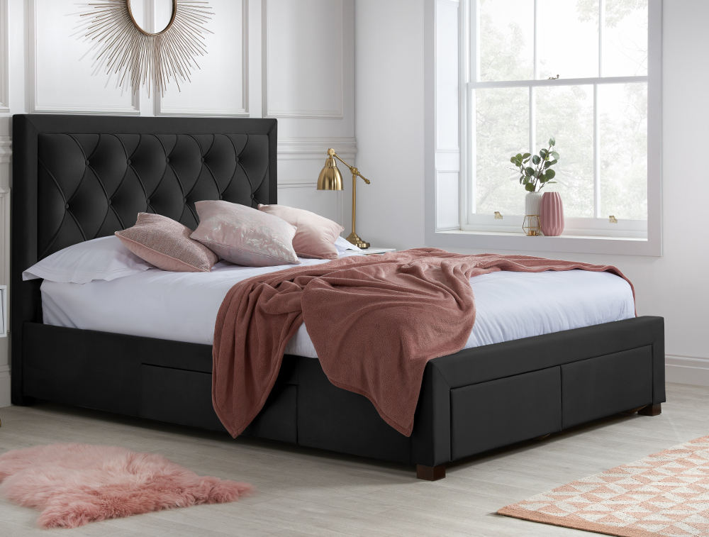 Woodbury Black Velvet Fabric 4 Drawer, Black Upholstered King Bed With Storage