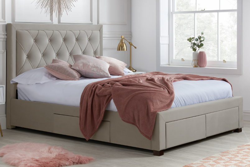 Woodbury Warm Stone Velvet Fabric 4, Building Your Own Bed Frame With Drawers