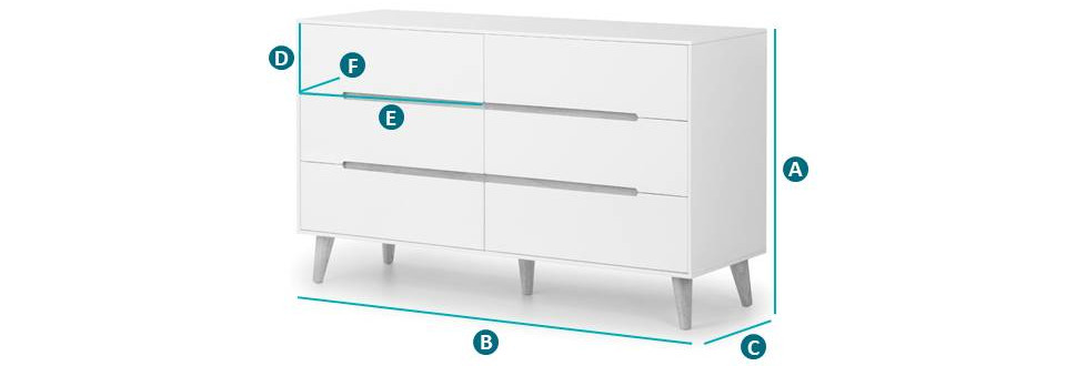 Happy Beds Alicia White and Oak 6 Drawer Chest Sketch Dimensions