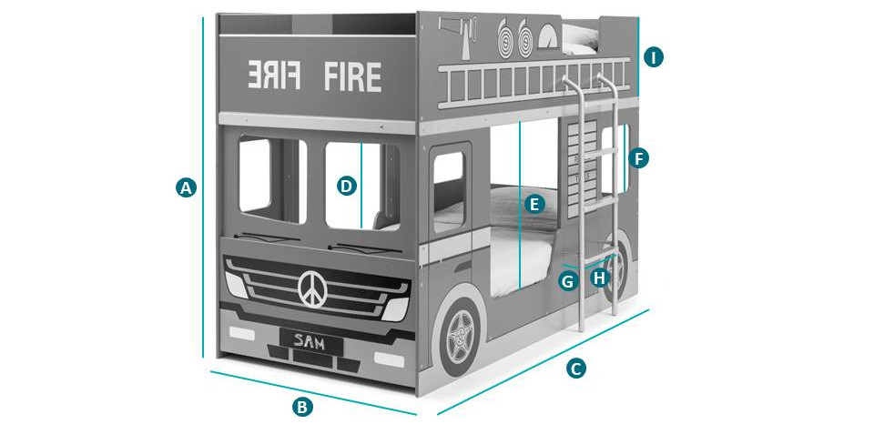 Happy Beds Fire Engine Bunk Bed Sketch Dimensions