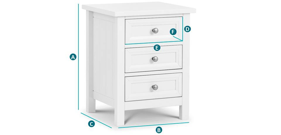 Maine White 3 Drawer Bedside Table Sketch
