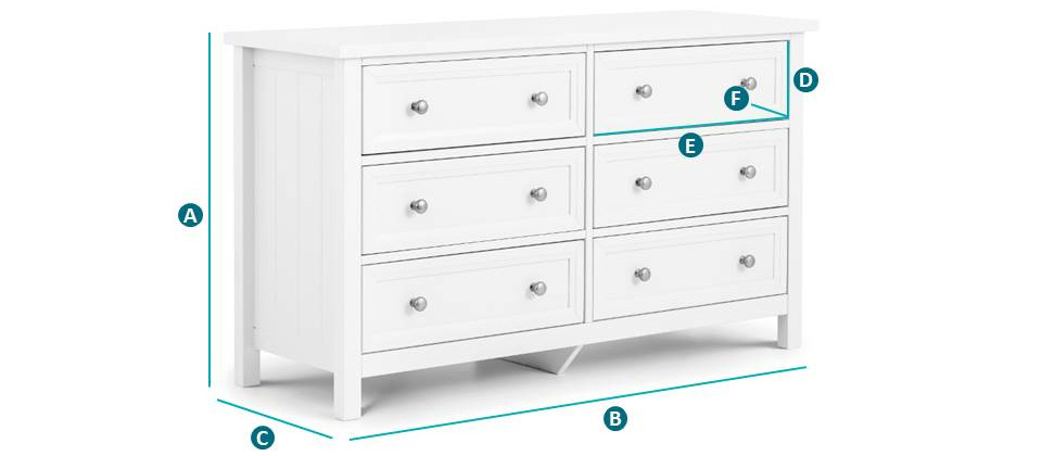 Maine White 6 Drawer Wooden Wide Chest, 46 Wide White Dresser