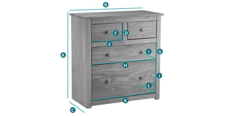 Happy Beds Santiago 2+2 Drawer Chest Sketch Dimensions