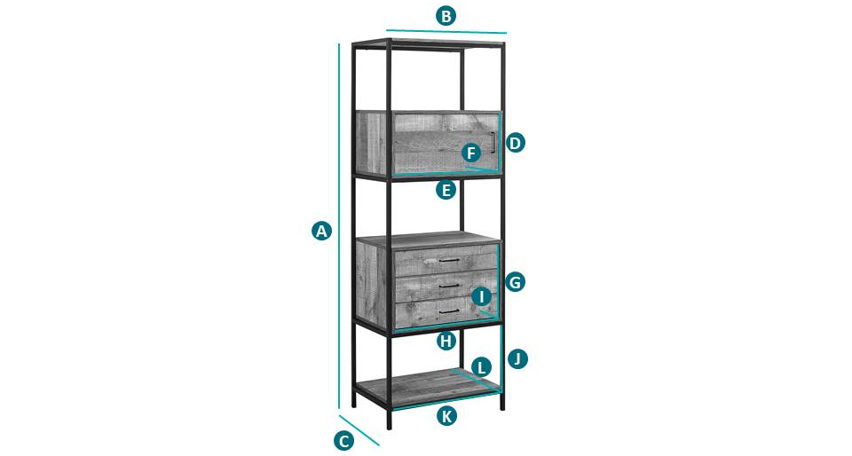 Happy Beds Urban 3 Drawer Shelving Unit Sketch Dimensions