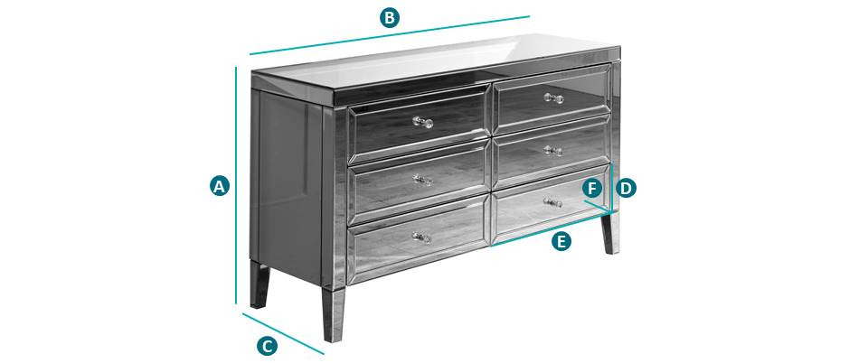 Happy Beds Valencia Mirrored 6 Drawer Chest Sketch Dimensions