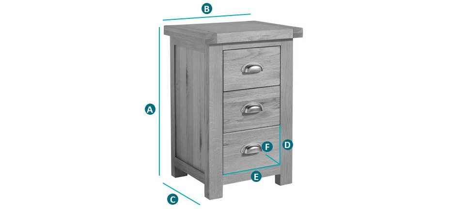 Happy Beds Woburn Oak Small 3 Drawer Bedside Table Sketch Dimensions