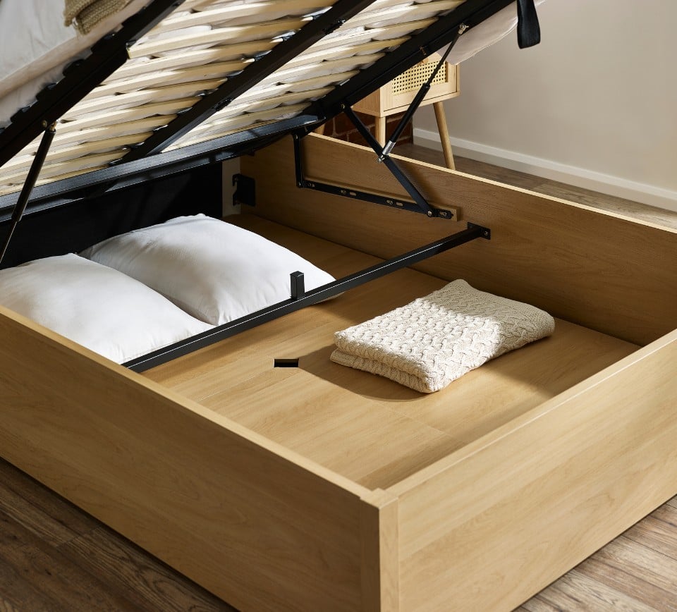 Jackson Oak and Natural Velvet and Wooden Ottoman Storage Bed