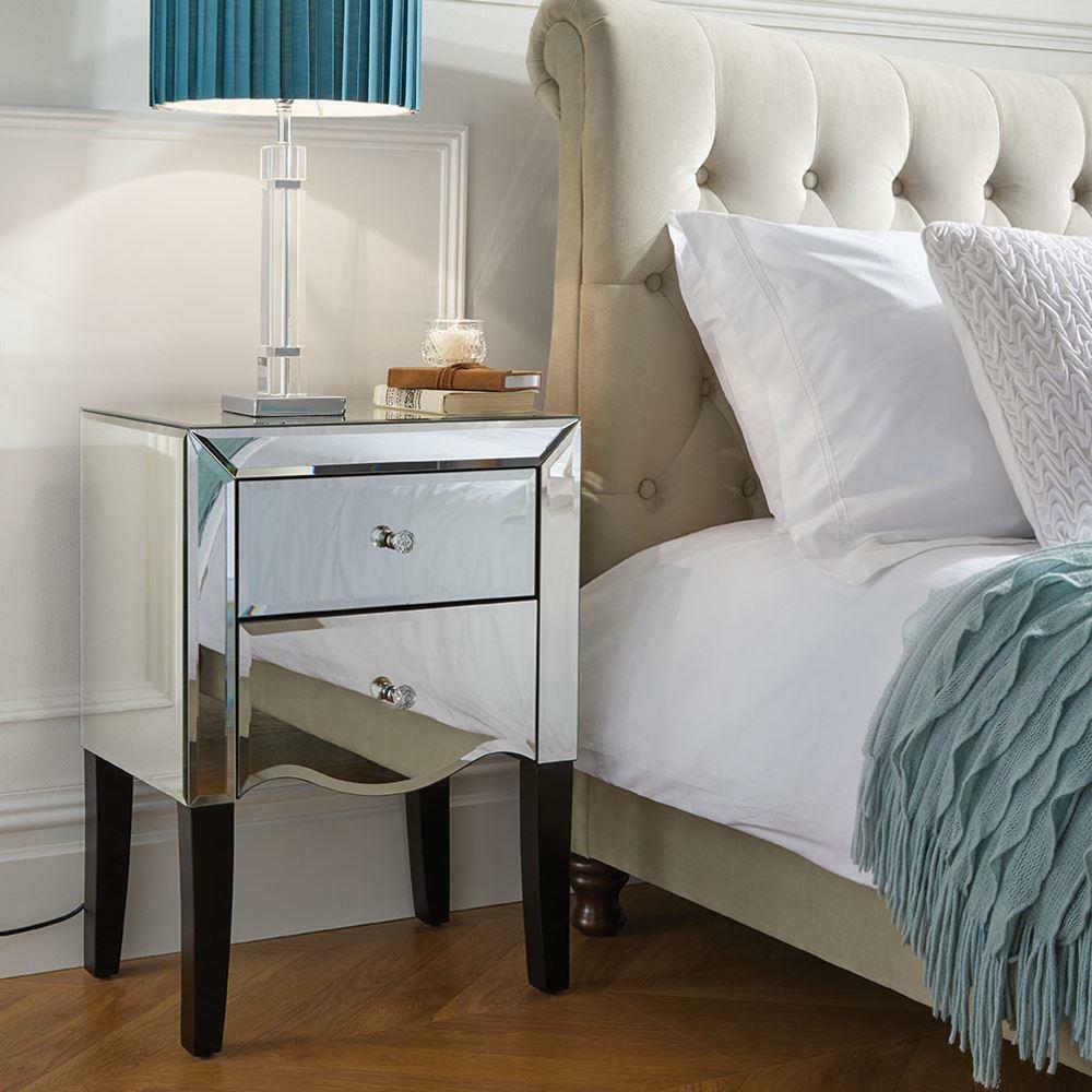 Palermo - Mirrored 2 Drawer Bedside Table - Mirror/Black - Mirror/Wooden - Happy Beds