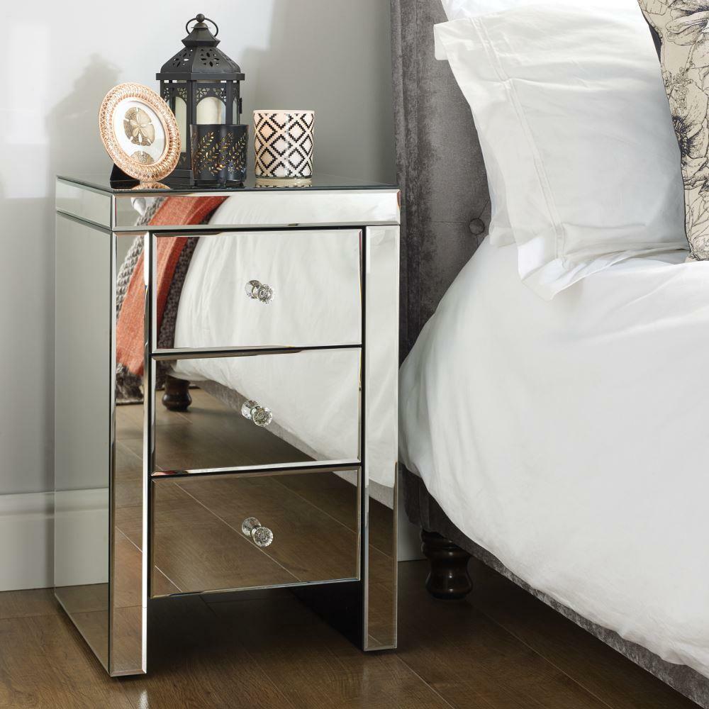 Seville - Mirrored 3 Drawer Bedside Table - Mirror - Mirror/Glass - Happy Beds