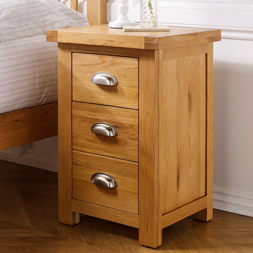 Woburn - 3 Drawer Bedside Table - Oak - Wooden - Happy Beds