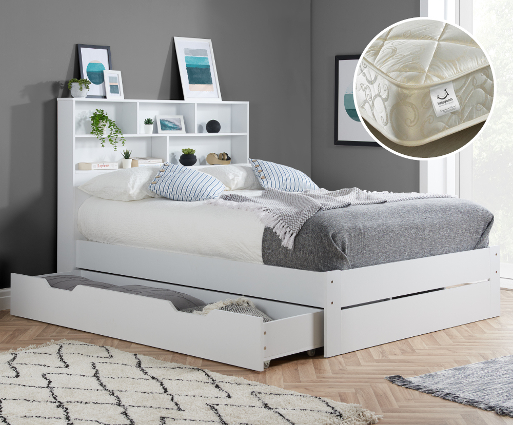 Alfie/Signature Crystal - King Size - Bookcase Bed with Underbed Drawer and 3000 Pocket Sprung Mattress Included - White - Wooden/Fabric - 5ft - Happy Beds