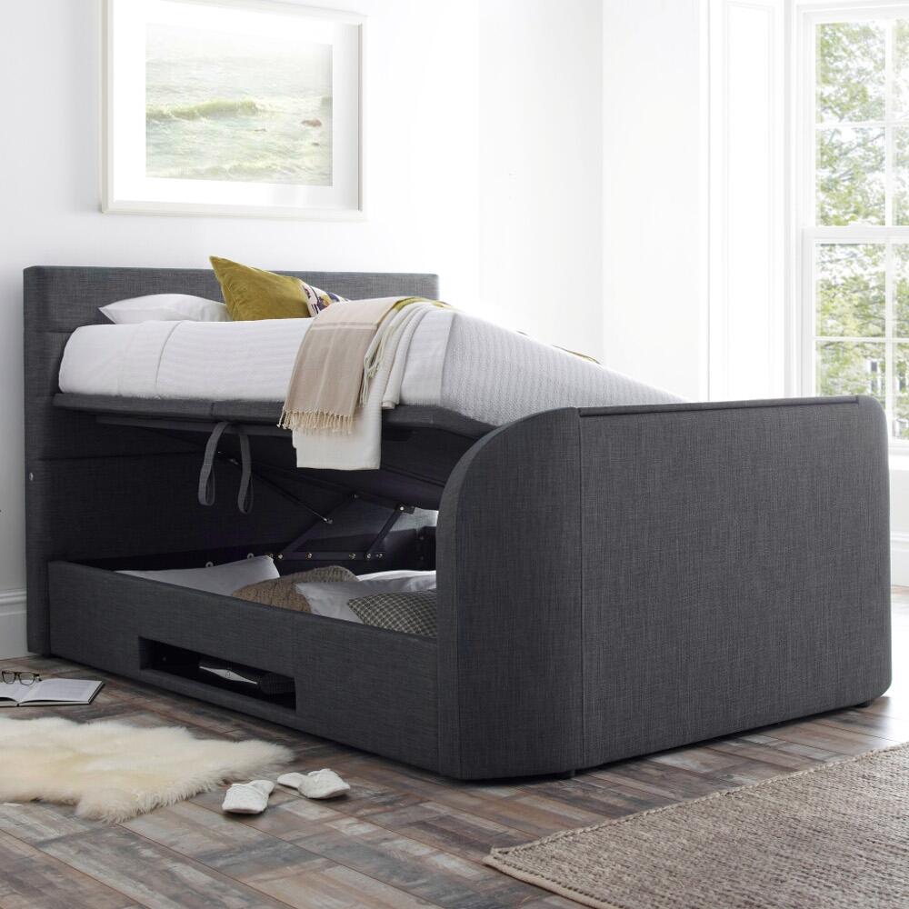 Annecy - Double - Ottoman TV Bed - Dark Grey - Fabric - 4ft6 - Happy Beds