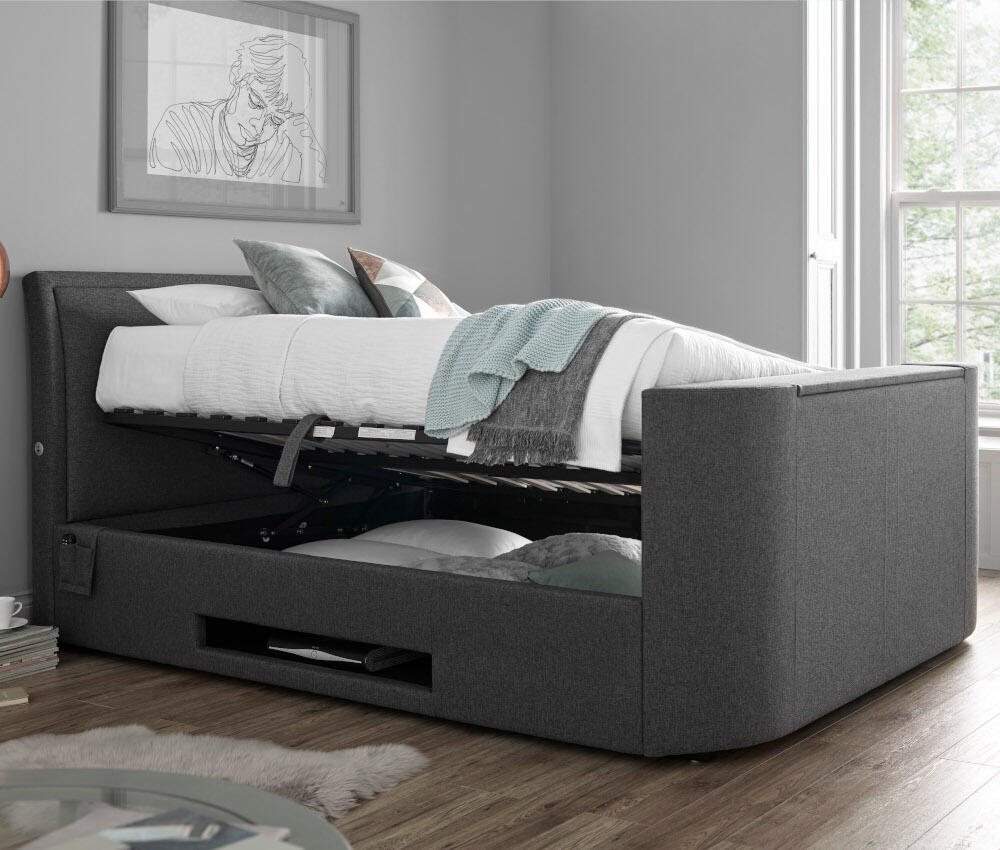 Ardwick - Double - Side-Opening Ottoman Storage Media TV Bed - Grey - Fabric - 4ft6 - Happy Beds