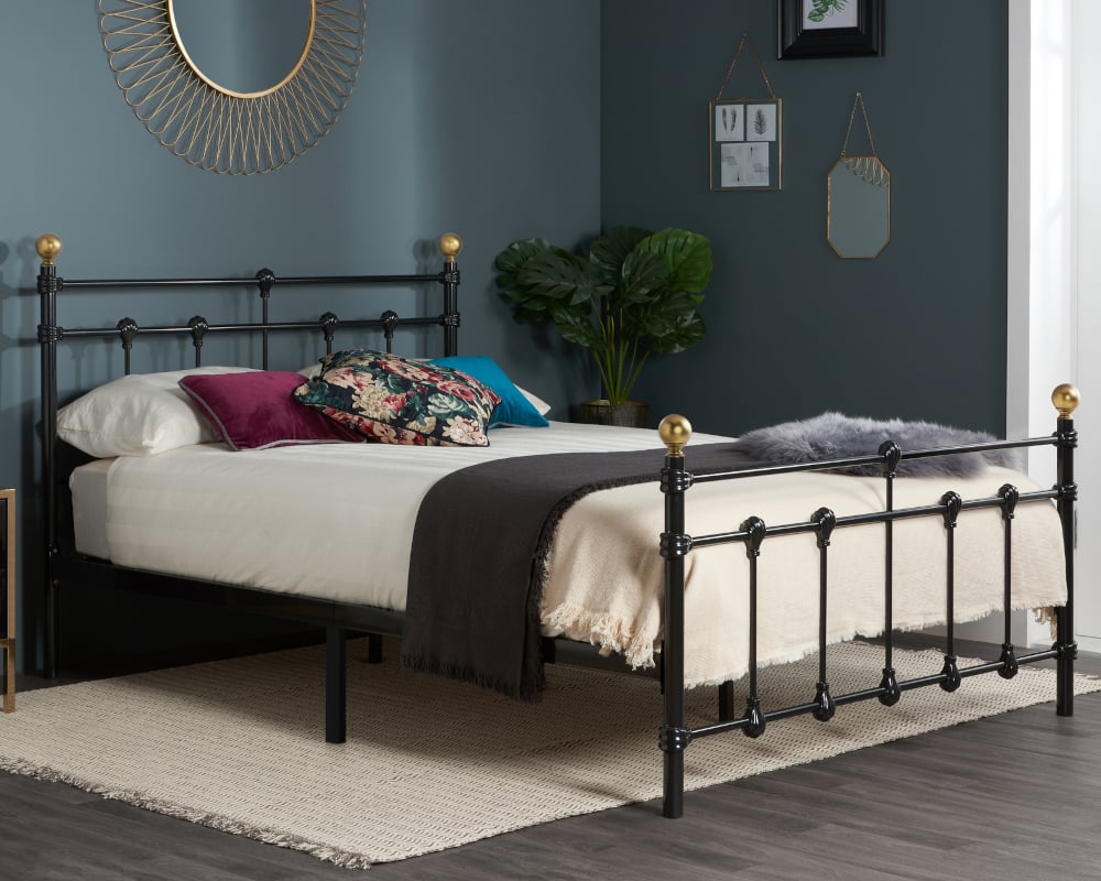 Atlas - Small Double - Black Metal Bed Frame with Antique Brass Finials - Small Double - Happy Beds