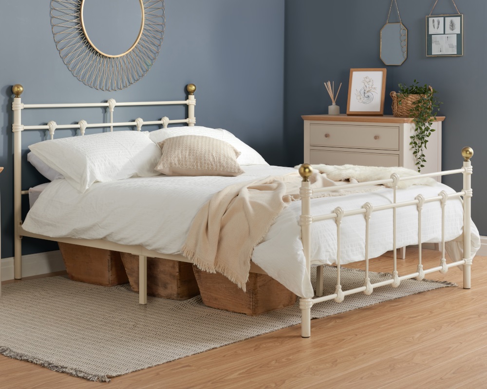 Atlas - Small Double - Cream & Brass Metal Bed Frame - Small Double -Happy Beds
