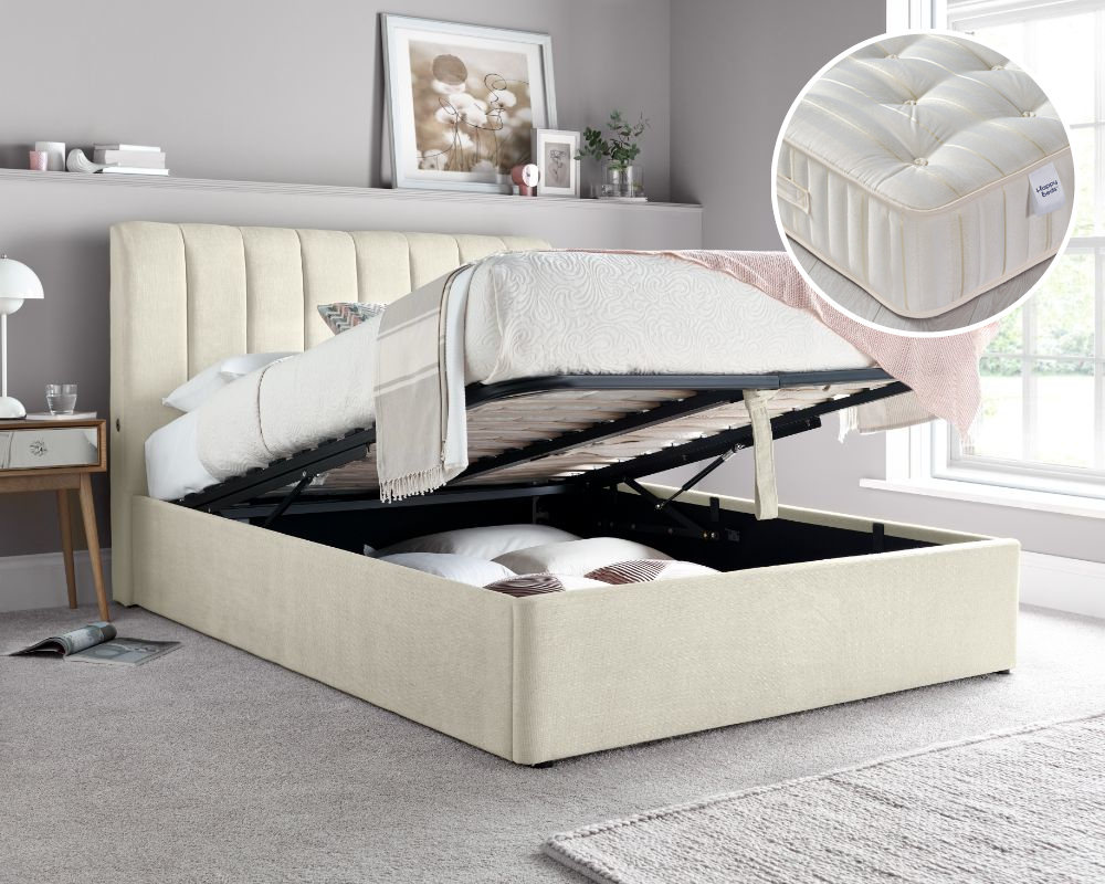 Autumn/Supreme - Super King Size - Ottoman Storage Bed and Open Coil Spring Reflex Foam Orthopaedic Mattress Included - Oatmeal/White - Fabric - 6ft - Happy Beds