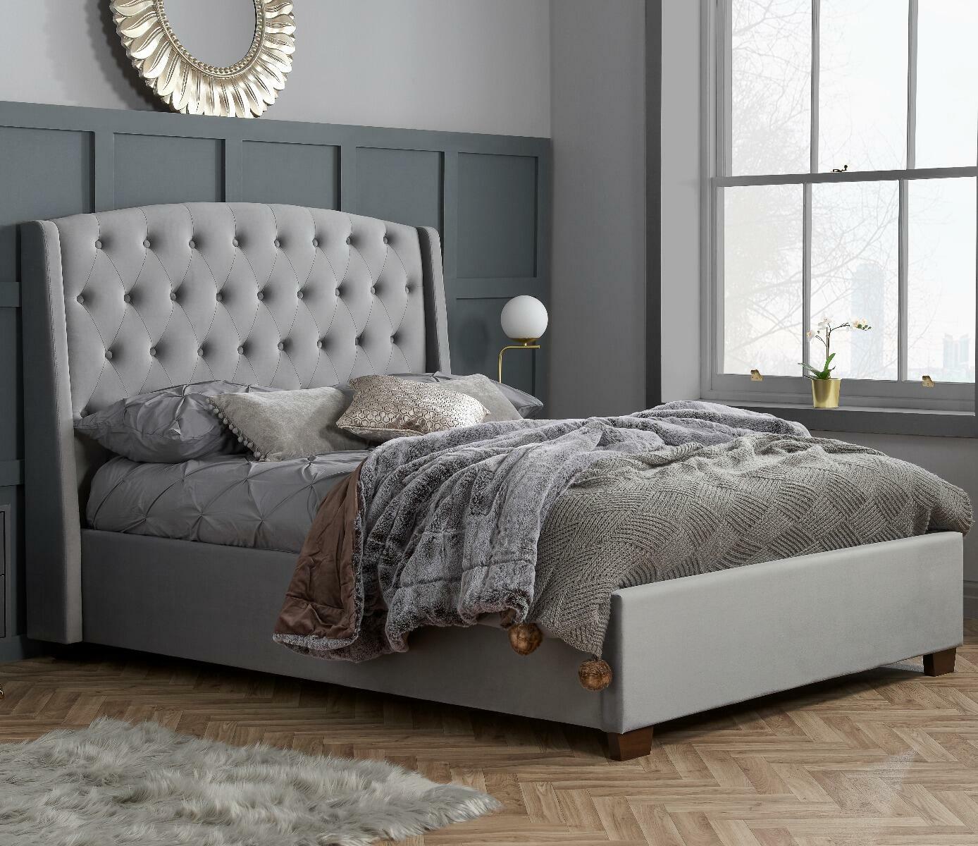 Balm Grey Velvet Fabric Winged Bed, King Fabric Headboard Beds