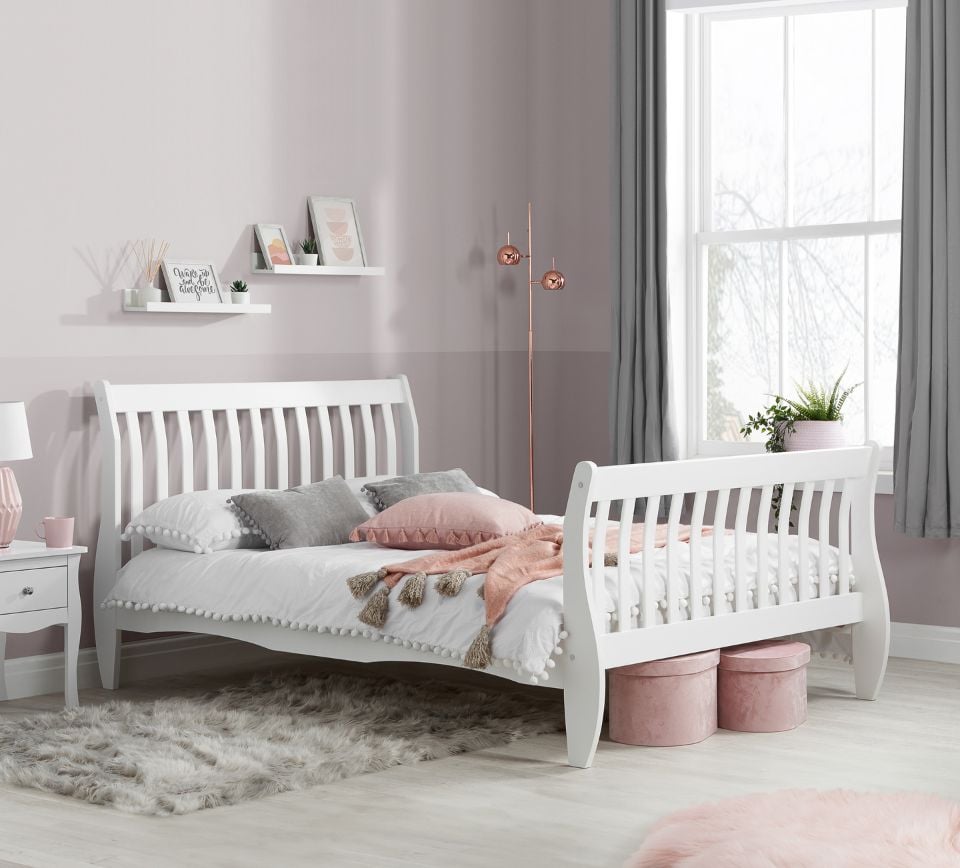 Belford - Small Double - Sleigh Bed - White - Wood - 4ft - Happy Beds