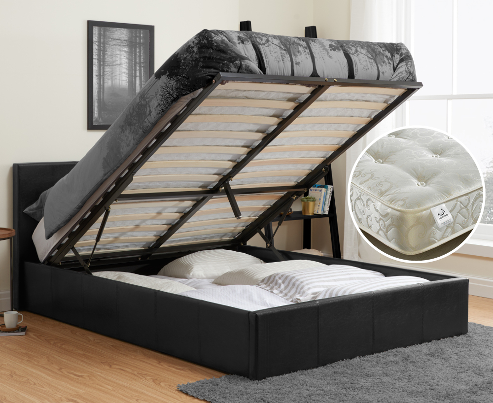 Berlin/Gold - King Size - Ottoman Storage Bed and Tufted Orthopaedic Spring Mattress Included - Black/White - Leather/Fabric - 5ft - Happy Beds