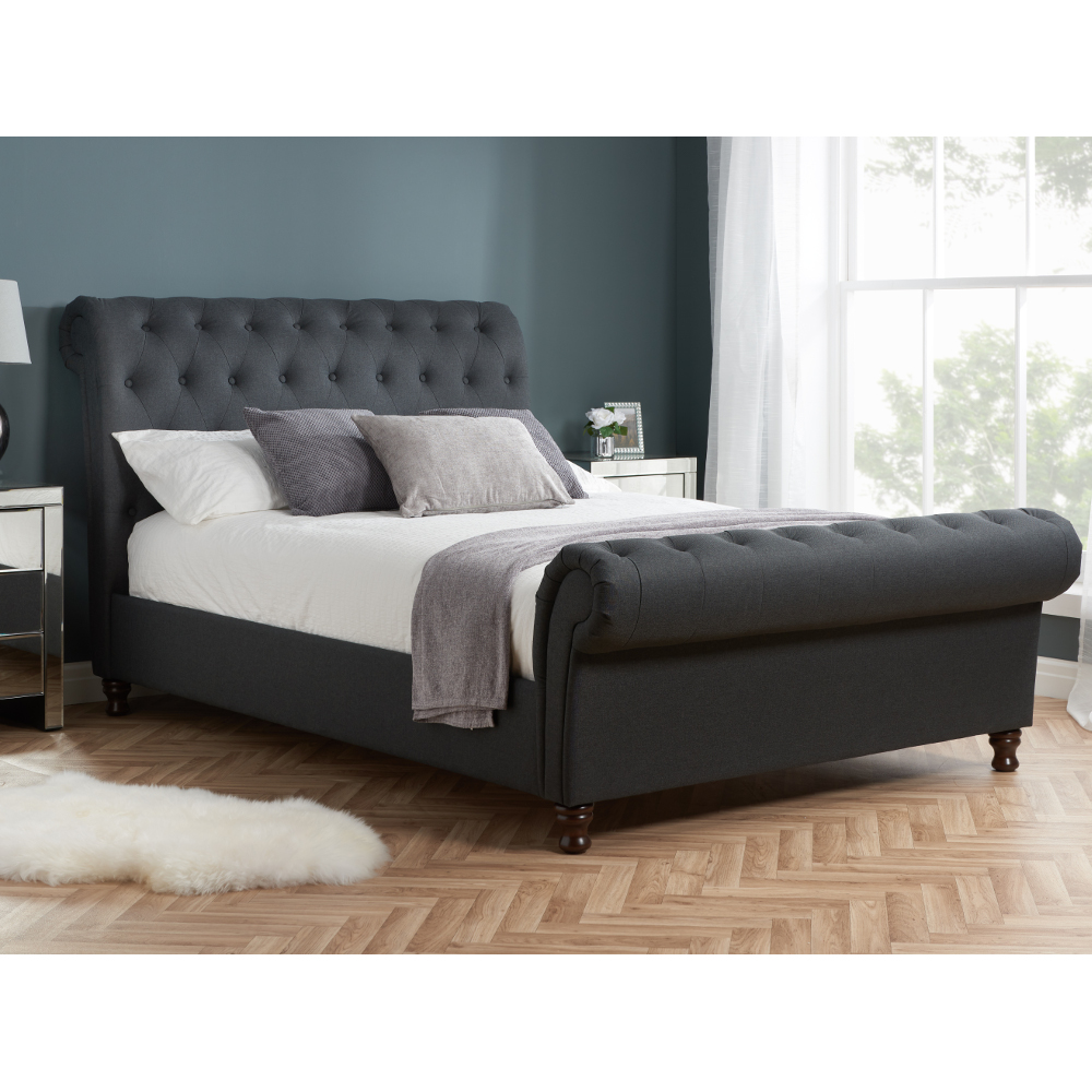 Castello - Super King Size - Dark Grey - Charcoal - Fabric Scroll Sleigh Bed Frame - 6ft - Happy Beds