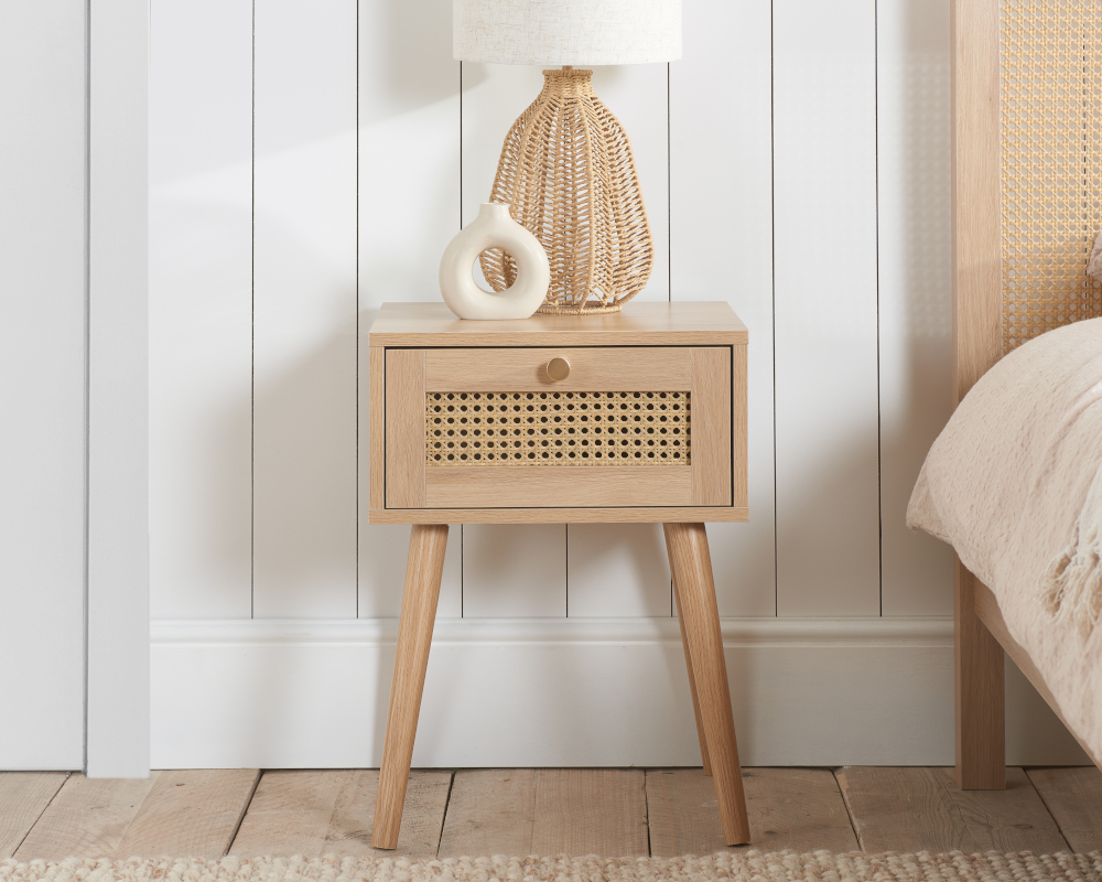 Croxley - 1 Drawer Bedside Table - Oak - Rattan - Wooden - Happy Beds