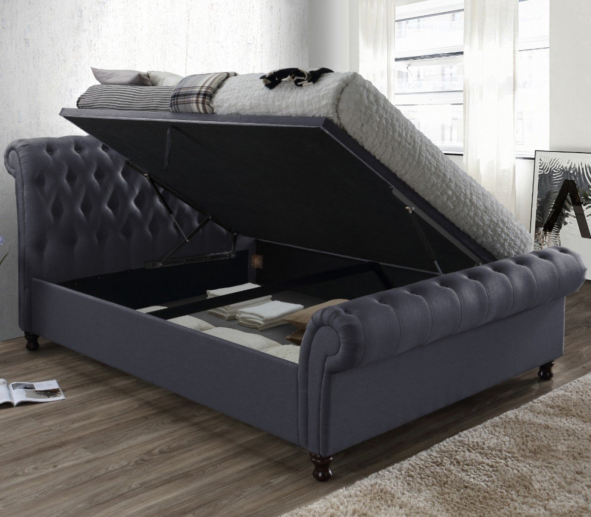 Castello Charcoal Fabric Ottoman Scroll Sleigh Bed - Castello Charcoal Fabric Ottoman Scroll Sleigh Bed