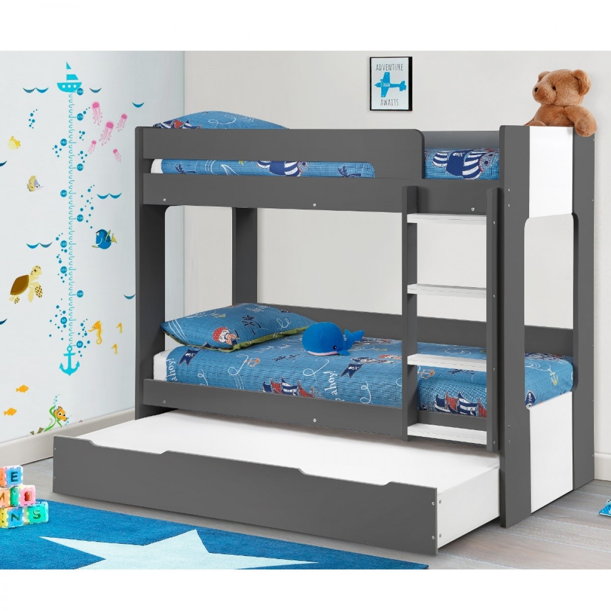 Ellie Grey Wooden Bunk Bed And Trundle Guest Bed Underbed