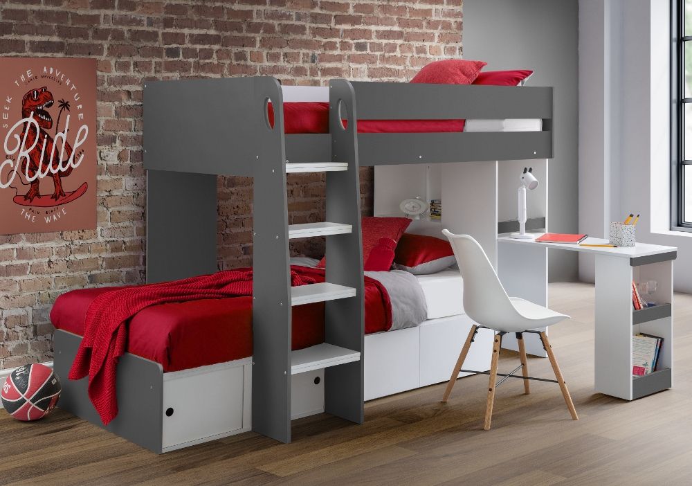 bunk bed with table and seats
