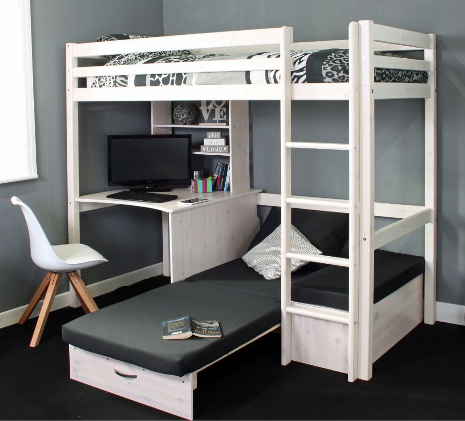 High rise bed with clearance desk and futon