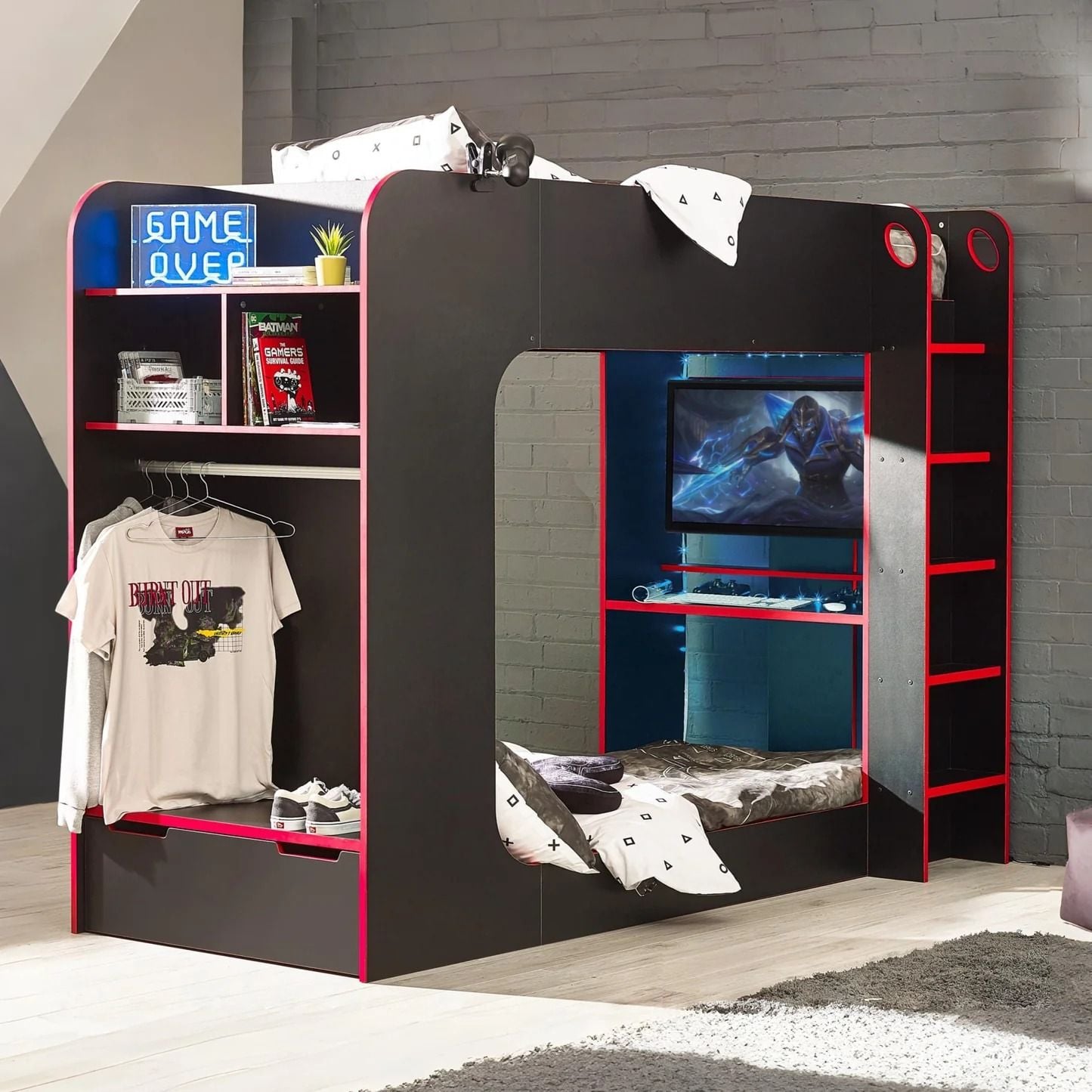 Impact Black and Red Wooden Gaming Bunk Bed