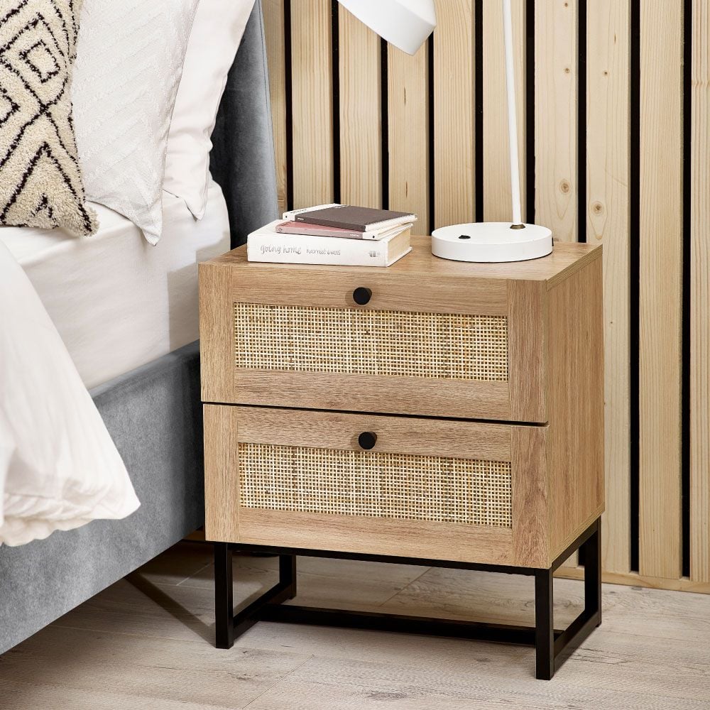 Padstow Oak Rattan 2 Drawer Wood Bedside Table Happy Beds